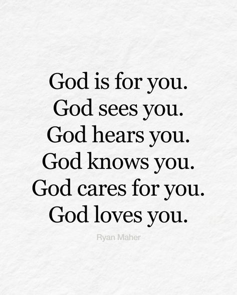 God is for you in every season of life, standing beside you as your greatest advocate. He sees you—every struggle, every joy, every tear—and you're never out of His sight. He hears your prayers, even the ones whispered in the quietest moments of doubt. He knows you completely, understanding the depths of your heart, and still cares for you with a love that is boundless and unconditional. Let this truth sink in: God loves you deeply, and nothing can separate you from His love. Trust in that, a... God Loves You Unconditionally, God Hears You, Elevation Church, Season Of Life, Love You Unconditionally, Seasons Of Life, Quiet Moments, God Loves You, With All My Heart