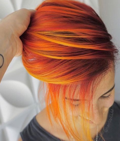 Fire Hair Color, Fashion Hair Color, Sunset Hair Color, Hair Color Inspiration, Flame Hair, Fantasy Hair Color, Sunset Hair, Pink Ombre Hair, Hair Color Orange