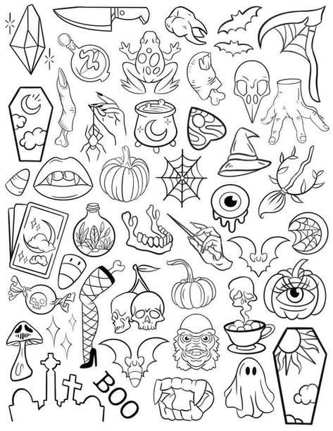 Flash Tattoo Small, Cool Japanese Tattoos, Simple Tattoo Flash Sheet, 90s Flash Tattoo, Witchy Flash Tattoo, Friday 13 Tattoo Ideas, Friday The 13th Tattoo Flash, Stencils Tattoo, Small Skull Tattoo