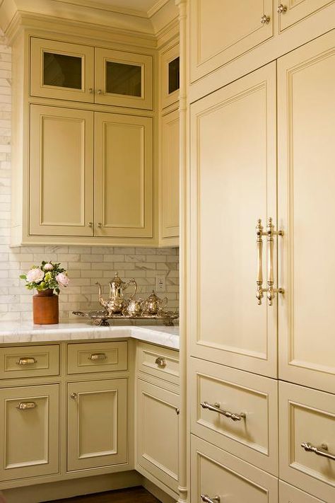 Khaki Kitchen Design - Country - Kitchen Khaki Cabinets, Khaki Kitchen, Paneled Fridge, Matt Morris, Kitchen Display Cabinet, Display Cabinet Design, Yellow Cabinets, Polished Nickel Hardware, Building A Kitchen