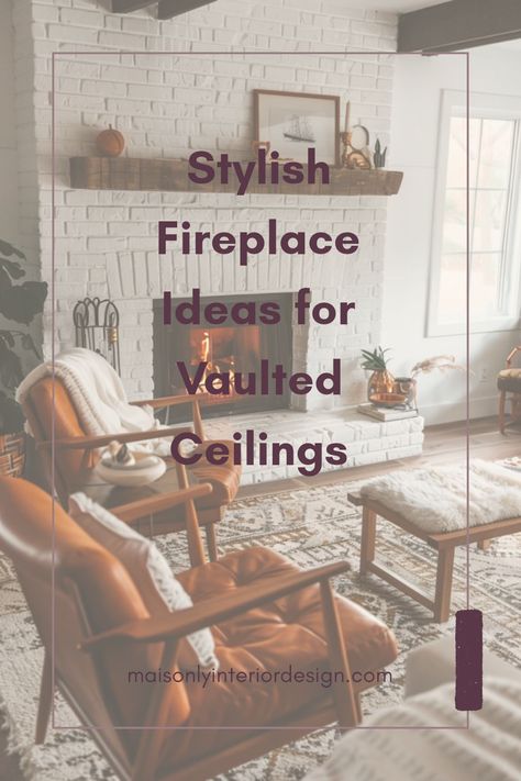 A collection of stylish fireplace ideas that work perfectly with vaulted ceilings, showcasing various design styles to inspire elegant living space improvements. This pin features one alluring and cozy fireplace setup. Fireplace With Sloped Ceiling, Tall Brick Fireplace Wall High Ceilings, Fireplace Mantel Vaulted Ceiling, Faux Fireplace Diy Vaulted Ceiling, Vaulted Ceiling Living Room 70s, Fireplace With Built In Cabinets Vaulted Ceiling, Fireplace Ideas For Vaulted Ceilings, Fireplaces With No Hearth, Fireplace Scandinavian Style