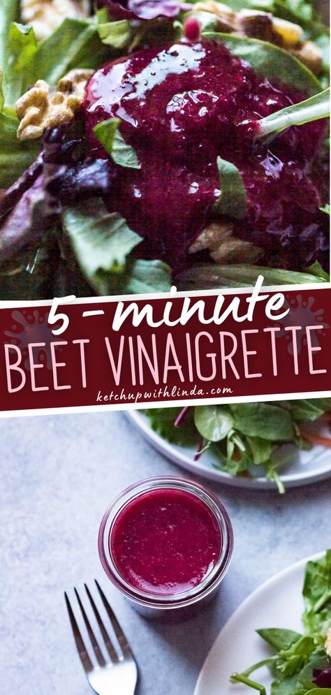 A quick and easy healthy salad dressing recipe ready in just 5 minutes! This vegan Beet Vinaigrette is light and delicious, making it perfect for your everyday salad. It is a simple salad dressing with lemon, beetroot, and dressed in olive oil. Save this pin! Beet Dressing Vinaigrette, Beet Salad Dressing Recipes, Beet Salad Vinaigrette, Beet Salad Dressing Vinaigrette, Beet Vinaigrette Dressing, Dressing For Beet Salad, Beet Tops Recipes, Beetroot Salad Dressing, Beetroot Vinaigrette