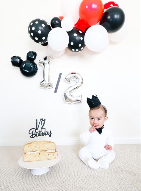 Half birthday celebration Mickey Mouse themed. I was able to snag the cake topped on Amazon. #amazon #mickeymouseparty #mickey #baby #6monthsold Half Birthday Cake Mickey Mouse, Half Birthday Cakes, 6 Month Photos, Mickey Baby, Half Birthday, 2 Birthday, Mickey Mouse Party, Cake Toppings, Baby Photoshoot