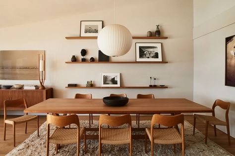 Moller Chairs Dining Room, Large Floating Shelves Dining Room, Shelves Over Dining Table, Teak Kitchen Table, Dining Area Floating Shelves, Floating Shelves In Dining Area, Danish Dining Table And Chairs, Dining Table Shelves, Teak Chairs Dining