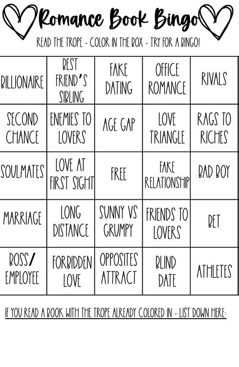 For all the Romance lovers this bingo card is for you!  - This is a printable romance bingo card perfect for highlighting all the sweet stories you read! - Playing is simple, if you read a book that is based on that specific trope, color it in your bingo card! See if you can collect them all, or just get a bingo! Happy Playing! Romance Book Club Ideas, Book Ideas Romance, Romance Book Bingo, Book Bingo Challenge, Books Bingo, Romance Books Aesthetic, Reading Bujo, Book Bingo, Bingo Books