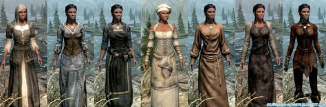 Clothes from Skyrim - showing how clothes vary between races and factions. I could try some different clothing designs if he was in a faction. Skyrim Clothing, Dagorhir Garb, Skyrim Clothes, Sleep Outfit, Skyrim Cosplay, Oasis Clothing, Elder Scrolls Skyrim, Chef Clothes, Set Clothes