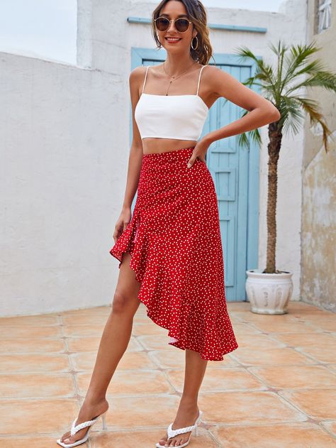 0 Red Fitted Skirt For Summer, Fitted Red Skirt For Summer, Casual Red Summer Skirt, Spring Vacation Red Skirt, Chic Red Summer Skirt, Red Fitted Skirt For Vacation, Fitted Red Skirt For Vacation, Red Floral Skirt Outfit, Flower Skirt Outfit