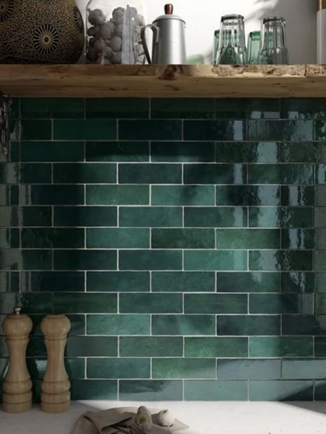 Green Color Names, Dark Green Tile, Green Tiles, Metro Tiles, Indoor Outdoor Pool, Kitchen Splashback, House Tiles, Green Tile, Kitchen Tile