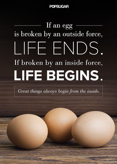 "If an egg is broken by an outside force, life ends. If broken by an inside force, life begins. Great things always begin from the inside." Life Changing Quotes, Powerful Quotes, Quotable Quotes, A Quote, Wall Quotes, Food For Thought, Inspirational Quote, Great Quotes, About Life