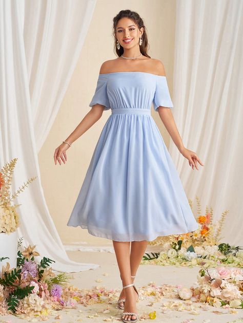 Baby Blue  Collar Short Sleeve Chiffon Plain A Line Embellished Non-Stretch All Weddings & Events Baby Blue Dress Short, Coctel Dress, Women Prom Dresses, Elegant Cocktail Dress, Baby Blue Dresses, Blue Dress Short, Coctail Dresses, Party Kleidung, Womens Cocktail Dresses