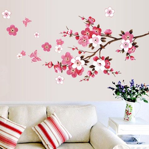 Japanese art deco interior décor for bedroom couples & Japanese cherry blossom Sakura tree painting anime inspired wall decals Living Room Decal, Diy Flower Wall, Home Decor Ideas Apartment, Home Decor Cheap, Creative Stickers, Sakura Flowers, Wall Art Love, Home Decor Blue, Wall Decals For Bedroom