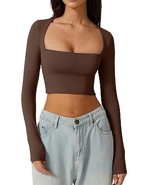 QINSEN Women's Sexy Square Neck Crop Top Long Sleeve Slim Fit Cropped T Shirts | Amazon (US) Y2k Outfit Ideas, Colorful Crop Tops, Basic Fits, Cropped Tops, Long Crop Top, Neck Crop Top, Solid Clothes, Crop Tshirt, Primavera Estate