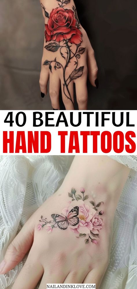 Hand tattoos, cute hand tattoos, aesthetic hand tattoos, hand tattoos vines, hand tattoos rose, hand tattoos butterfly, hand tattoos outline, small hand tattoos, and hand tattoos cover up. Feminine Hand And Finger Tattoos, Unique Hand Tattoos Creative, Tulip Wrist Tattoos For Women, Hand Tattoos Outline, Hand Tattoos Vines, Beautiful Wrist Tattoos For Women, Vine Hand Tattoos For Women, Female Hand Tattoos For Women, Rose With Butterfly Tattoo For Women