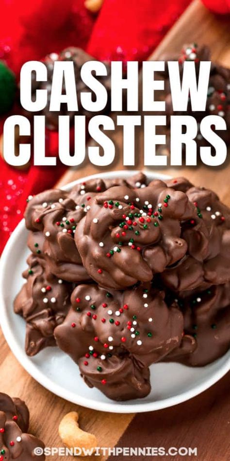 This Kirkland copycat recipe for cashew clusters can be made holiday style with pretty Christmas decorations. Make them with dark chocolate, milk chocolate, or even white chocolate for a special candy treat! #spendwithpennies #cashewclusters #candy #recipe #cookies #christmaschocolate #almond #costco #sweet #crunchy #easy Cashew Clusters, Chocolate Cashew, Chocolate Clusters, Recipe Cookies, Chocolate Peanut Butter Fudge, Pretty Christmas Decorations, Chocolate Sugar Cookies, Holiday Sprinkles, Candy Recipe