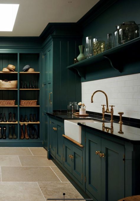 Apothecary Studio, Butler Kitchen, Boot Rooms, Surrey House, Green Kitchen Designs, Dark Green Kitchen, Bedside Caddy, Bungalow Kitchen, Kitchen Green