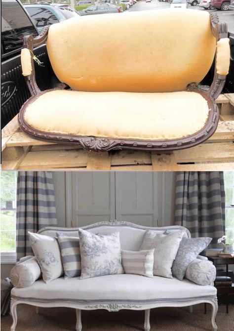 How to upholster a vintage settee or sofa when you are NOT a pro!   #upholstery #unholsteryhacks #upholsterydiy #reupholster Refurbished Furniture Ideas, Sofa Reupholstered, Vintage Settee, Reupholster Chair Dining, Vintage Couch, Reupholster Furniture, Upholstery Diy, Retro Sofa, Vintage Sofa