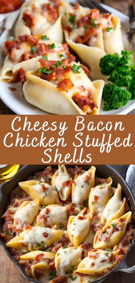 Jumbo Shells Recipe Chicken, Stuffed Shells Recipes, Jumbo Shells Stuffed, Stuffed Shells Chicken, Chicken Shells, Jumbo Shell Recipes, Shell Recipes, Cheesy Bacon Chicken, Chicken Stuffed Shells