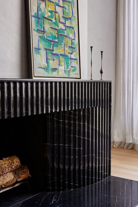 Nero Marquina Fluted Fireplace, Brooklyn Map, West Village Townhouse, Manhattan Map, Marquina Marble, Nero Marquina Marble, Nero Marquina, West Village, Fireplace Design