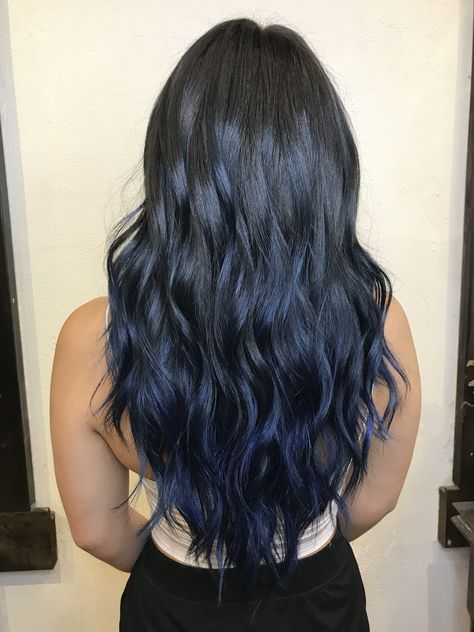 Dark Hair With Navy Blue Highlights, Electric Blue Highlights In Black Hair, Black Hair Blue Balayage, Midnight Dark Blue Hair Highlights, Dark Blue Balayage Hair Brunettes, Blue Balyage Long Hair Brunettes, Black Hair With Blue Balayage, Midnight Blue Hair Balayage, Black And Navy Hair