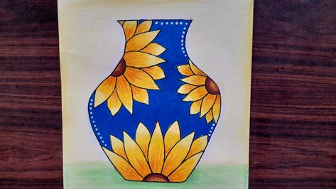 Pot Designs Drawing, Vase Drawing Design, Pot Drawing Design, Flower Pot Drawing With Colour, Flower Pot Drawing Painting, Pot Colouring Ideas, Flower Pot Design Drawing, Flower Pot Drawing, Flower Drawing For Kids