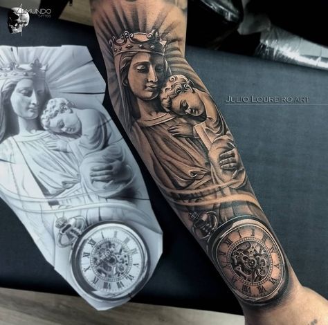 Maria Tattoo, Jesus Tattoo Design, Arm Tattoos Black, Front Shoulder Tattoos, Virgin Mary Tattoo, Half Sleeve Tattoos Drawings, Mary Tattoo, Religious Tattoo, Jesus Tattoo