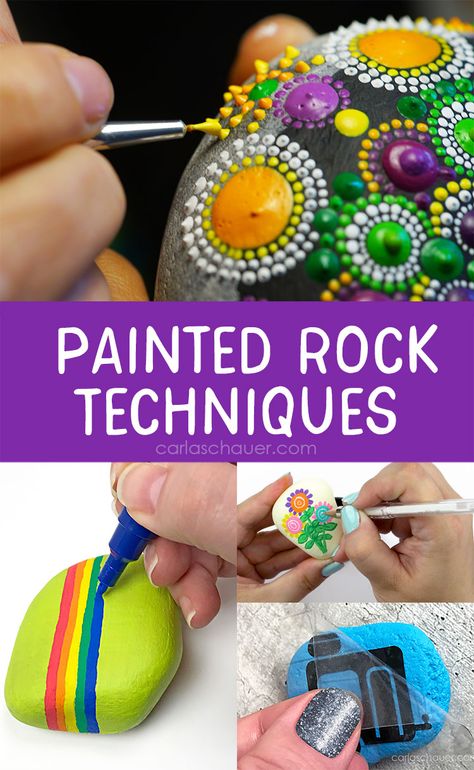 Rock painting techniques and tricks to make decorating stones. Brush dotting, paint markers, freehand drawing, stencils, and other ways to decorate rocks. Tutorials from Carla Schauer Studio #rockpainting #stonepainting #techniques #how-to #paintrocks #paintedrocks #paintstones #painting #rockcraft #kidcraft #adultcraft #mandala #stencil #drawing Rock Painting Templates, Displaying Painted Rocks, Rock Painting Techniques, Paint Rock Ideas, Rock Painting Patterns Templates, How To Paint Rocks For Outside, How To Paint Rocks Step By Step, Decorate Rocks, Rock Painting Tutorials