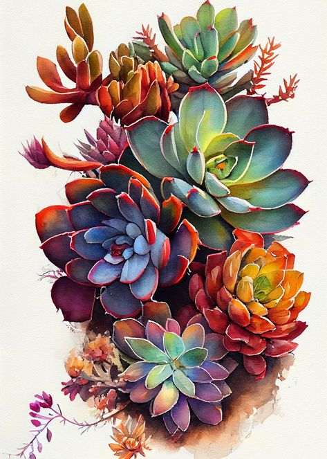 Succulent Art Drawing, Cactus Flower Painting, Succulents Watercolor, Succulent Art, Wall Painting Decor, American Painting, Cactus Art, Southwest Art, Cactus Y Suculentas