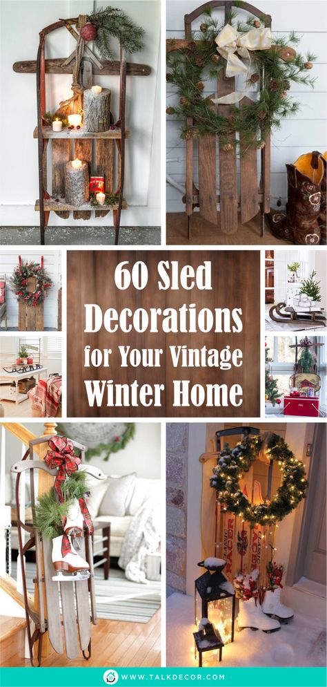 Wood Sled Decorating Ideas, Decorated Sleds For Christmas, Decorative Sleds For Christmas, Antique Sled Decor Ideas, Old Sleds Decorated For Christmas, Christmas Sled Decoration Front Porches, Winter Front Porch Decor, Christmas Sleigh Decorations, Christmas Sled Decoration