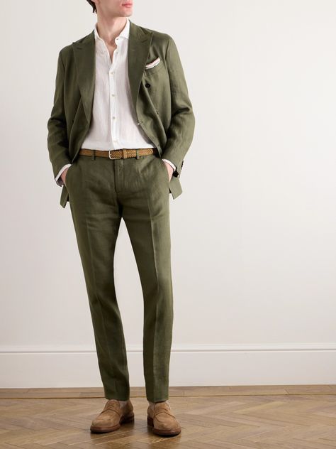 "The fabric is the first chapter of the story, " says Boglioli, the tale of these twill suit trousers begins with linen, which is known for its cooling, breathable nature. They're tailored for a slim fit and have unfinished hems so you can alter the length. Semi Formal Wedding Attire, Linen Suit Men, Mens Linen Suit, Wedding Guest Suits, Linen Suits For Men, Summer Wedding Suits, Summer Suits Men, Formal Wedding Attire, Mens Wedding Attire