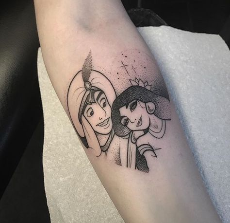 Disney Aladdin Tattoos, Princess Jasmine Tattoo Ideas, Aladdin Tattoo Ideas, Princess Jasmine Tattoo, Aladin Disney, Aladdin Tattoo, Disney Tattoos Quotes, Disney Couple Tattoos, Tattoos Disney