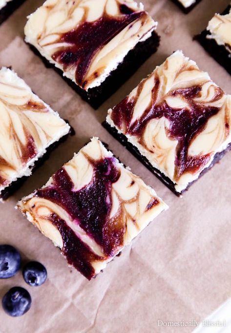 With a homemade creamy cheesecake, tangy fresh blueberries, & rich chocolate brownie these Blueberry Cheesecake Brownies are sure to be a hit at your next party! Blueberry Brownies, Swirled Brownies, Swirled Cheesecake, Blueberry Puree, Fresh Blueberry Recipes, Domestically Blissful, Brownie Mix Recipes, Summer Fruit Recipes, Vegetarian Recipes Dessert