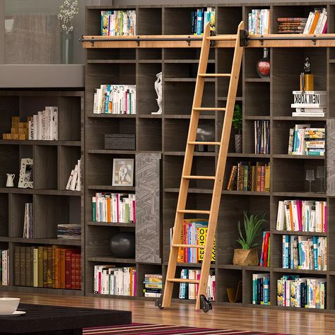 Sliding Ladder, Rolling Ladder, Library Ladder, Red Oak Wood, Wood Ladder, Home Library Design, Multipurpose Room, Home Libraries, Library Design