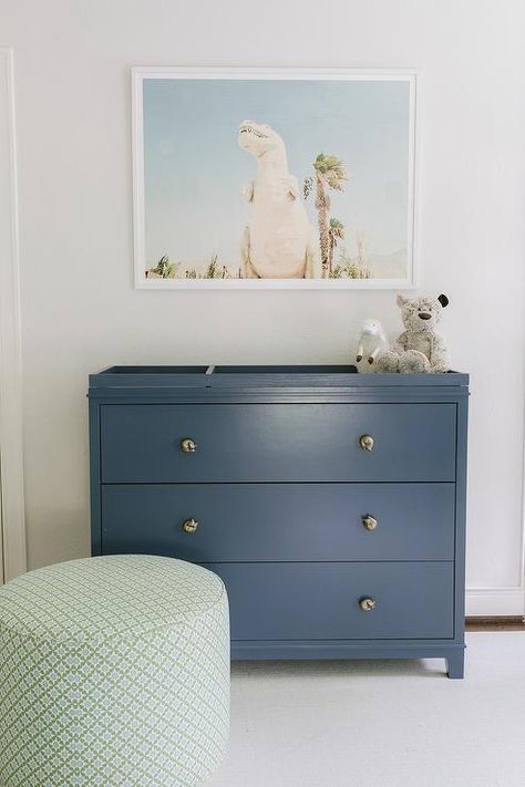 Blue Changing Table, Amanda Simmons, Grey And Gold Wallpaper, Transitional Nursery, White Changing Table, Light Blue Nursery, Dresser Changing Table, Nursery Design Neutral, Green Ottoman