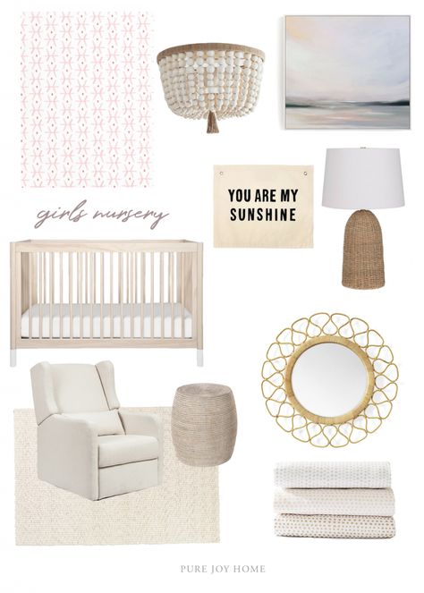 Coastal Nursery Girl, Nursery Mood Board, Pure Joy Home, Boho Nursery Girl, Coastal Nursery, Noise Machine, White Noise Machine, Nursery Chair, Nursery Room Inspiration