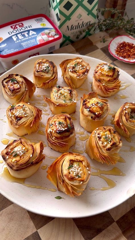 Hot Honey & Feta Filo Bites 🔥 - Recipes by Victoria Honey Feta, Feta Bites, Filo Pastry, Hot Honey, Food Platters, Pastry Recipes, Party Snacks, Appetizers For Party, Brushing