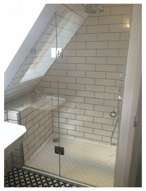 Stairs Apartment, Attic Ensuite, Sloped Ceiling Bathroom, Loft Ensuite, Attic Shower, Attic Bathroom Ideas, Small Attic Bathroom, Attic Renovation Ideas, Loft Bathroom