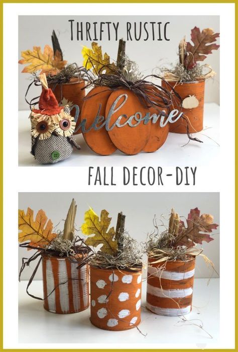 Budget friendly fall decor ideas. Fall pumpkin craft. Can upscycle craft diy. Dollar Tree crafts. Easy pumpkin Just That Perfect Piece Diy Fall Decor Tin Cans, Scarecrow Made Out Of Tin Cans, Soup Can Fall Crafts, Pumpkins Made From Tin Cans, Vintage Fall Crafts Diy, Tin Can Pumpkins, Tin Can Pumpkins Diy, Recycled Fall Crafts, Halloween Tin Can Crafts