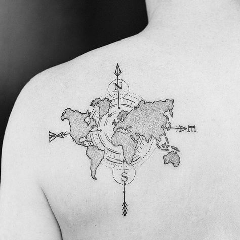 World Map Tattoo, World Map Tattoos, Globe Tattoos, Compass Rose Tattoo, Map Tattoo, Geometric Sleeve Tattoo, Compass Tattoo Design, Map Tattoos, Tiny Tattoo