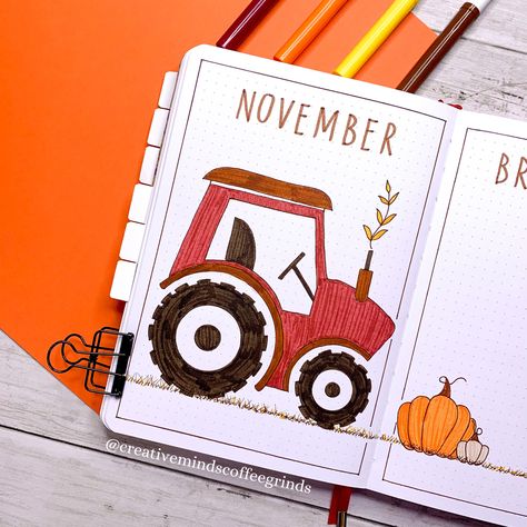 Here is my November 2021 cover page in my bullet journal! I did a fall on the farm theme 🍂🚜 #bulletjournal #bulletjournaling #bulletjournalideas November Cover Page Bullet Journal, November Cover Page, Cover Page Bullet Journal, Fall On The Farm, Page Bullet Journal, Bullet Journal Cover Ideas, Drawing Ideas List, Bullet Journal Aesthetic, Bullet Journal Diy