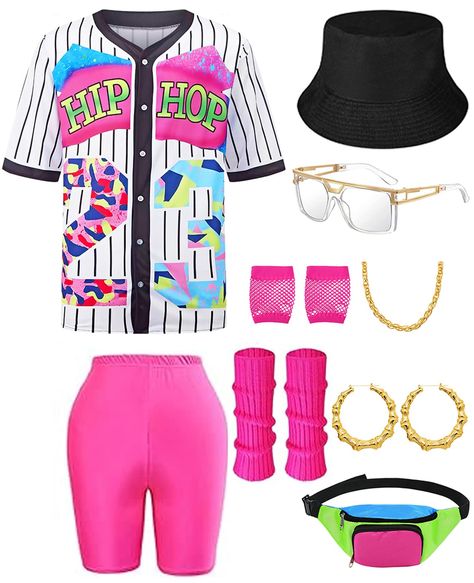 PRICES MAY VARY. 【Package Includes 】- Our women 80s 90s hip hop costume includes: 1X baseball jersey shirt,1X yoga pants, 1X bucket hat, 1X artificial gold rope chain, 1X hip hop glasses, 1X pair of hoop earrings 1X fanny pack. Complete accessories to meet your various dressing needs for 80s and 90s party themes and let you stand out from the crowd. 【Comfortable High Qaulity Material】- Our 90s outfit for women are made from skin-friendly, long-lasting fabrics. The T-shirt is made of a combinatio Tlc Inspired Outfits, Plus Size 90s Fashion Outfits Hip Hop, Basketball Costume Ideas, 80 Costume Ideas For Women, 80’s Halloween Costume, Back To The 90s Party Outfit, 80s Hip Hop Fashion Women, 80's Costume Ideas, Diy 80s Outfit Woman