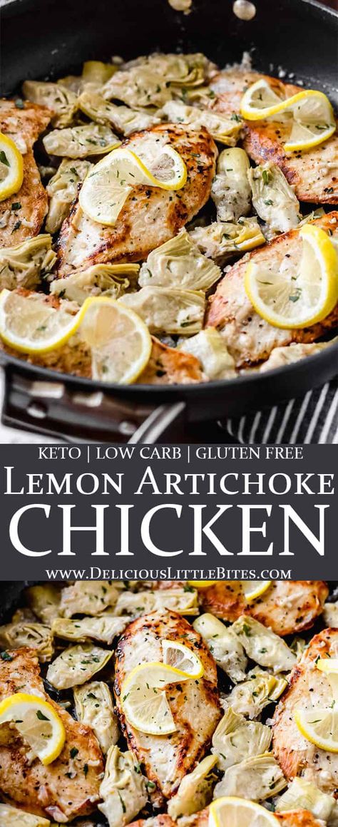 Creamy Lemon Artichoke Chicken is fresh, creamy and full of amazing flavor. It's a simple one-pan dinner recipe made with seared chicken, marinated artichoke hearts, cream and lemon. This simple recipe is naturally low carb, keto and gluten free. | #chickenrecipes #lemonartichokechicken #lemonchicken #onepanmeal #keto #lowcarb #glutenfree #chicken #chickendinner Lemon Chicken With Artichokes, Keto Artichoke Chicken, Chicken And Artichoke Hearts, Chicken Artichoke Skillet, Chicken Lemon Artichoke Recipes, Marinated Artichoke Recipes Dinners, Artichoke Dinner Ideas, Chicken Artichoke Recipes Healthy, Low Carb Artichoke Recipes