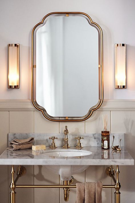 Perla Mirror Art Deco Vintage Bathroom, Organic Modern Half Bathroom Ideas, Circle Mirror For Bathroom, Medallion Cabinets Bathroom, Chair Molding Bathroom, Light Around Mirror Bathroom, Traditional Neutral Bathroom, Gold Mirror In Bathroom, Regency Bathroom Ideas