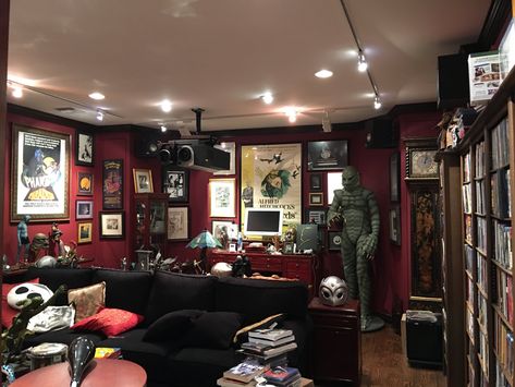 Guillermo Del Toro’s media room at Bleak House. Bleak House, Basement Walls, Cabinet Of Curiosities, Home Libraries, Home Office Space, Haunted Mansion, Media Room, House Layouts, Bonus Room