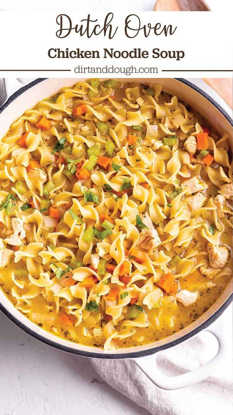 Dutch Oven chicken noddle soup that is both hearty and healthy. Fight off a cold, warm up on a cool day or simply enjoy the classic flavors of a chicken noodle soup. Loaded with fresh veggies, herbs, stock and chunks of chicken. This soup can be made in under 30 minutes! Chicken Soup In Dutch Oven, Chicken Noodle Soup Cast Iron Pot, Cast Iron Chicken Noodle Soup, Homemade Chicken Noodle Soup Dutch Oven, Dutch Oven Chicken Noodle Soup One Pot, Chicken Noodle Dutch Oven, Chicken Soup Dutch Oven Recipes, Healthy Soups In Dutch Oven, Chicken Noodle Soup Dutch Oven Recipe