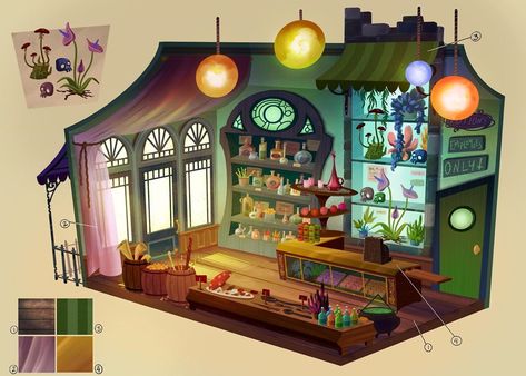 Magic Store Concept Art, Potion Shop Concept Art, Potion Shop Art, Fantasy Shop Concept Art, Witch Cafe, Potion Room, Comic Poses, Potion Shop, Green Potion