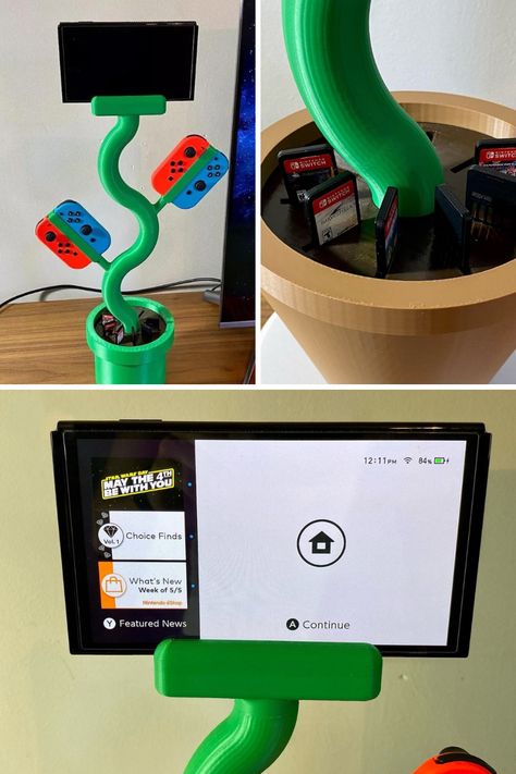 This absolutely heartwarming plant-inspired stand lets you dock/charge your Nintendo Switch, store game cartridges and more. Buy Now! Designer: 3DPrintedCanadaCo Nintendo Switch Setup, Nintendo Switch Stand, Switch Stand, Bape Wallpaper, Legends Of Zelda, Bape Wallpaper Iphone, Piranha Plant, Zelda Game, Mini Library