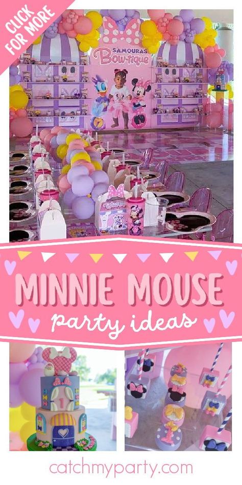 Don't miss this cute Minnie Mouse Boutique 1st birthday party! The cake is a work of art! See more party ideas and share yours at CatchMyParty.com Minnie Mouse Birthday Party Table Decor, Minnie Mouse Boutique Birthday Party Ideas, Minnie's Boutique Birthday, Minnie’s Boutique Party, Minnie Mouse Outdoor Party Ideas, Outdoor Minnie Mouse Birthday Party, Bowtique Party Ideas, Minnie Bowtique Cake, Minnie Mouse Boutique Party Ideas