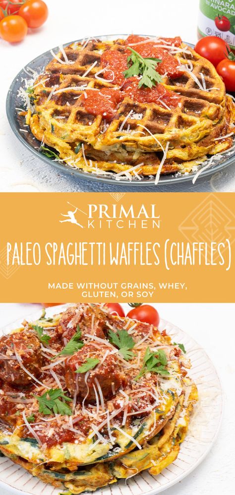 Spaghetti Squash Waffles, Paleo Waffles Almond Flour, Paleo Spaghetti And Meatballs, Paleo Spaghetti, Bison Meatballs, Leftover Spaghetti, Waffle Maker Recipes, Paleo Bread, Beef Meatballs