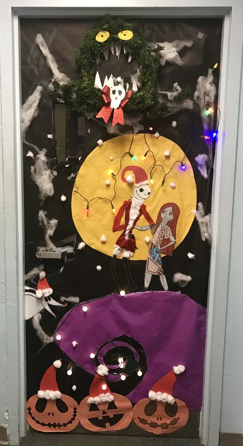 Nightmare Before Christmas door decoration... my students made this door for Halloween and updated it for Christmas by adding the Santa hats and man-eating wreath Nightmare Before Christmas Door, Christmas Door Decorating, Disney Cruise Door Decorations, Halloween Classroom Decorations, Door Decorations Classroom Christmas, Classroom Christmas Decorations, Christmas Door Decorating Contest, Christmas Classroom Door, Nightmare Before Christmas Decorations