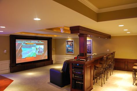 Bar facing TV Basement Tv Rooms, Industrial Basement, Basement Home Theater, Recreational Room, Bar Basement, Basement Makeover, Man Cave Home Bar, Narrow House, Home Theater Rooms